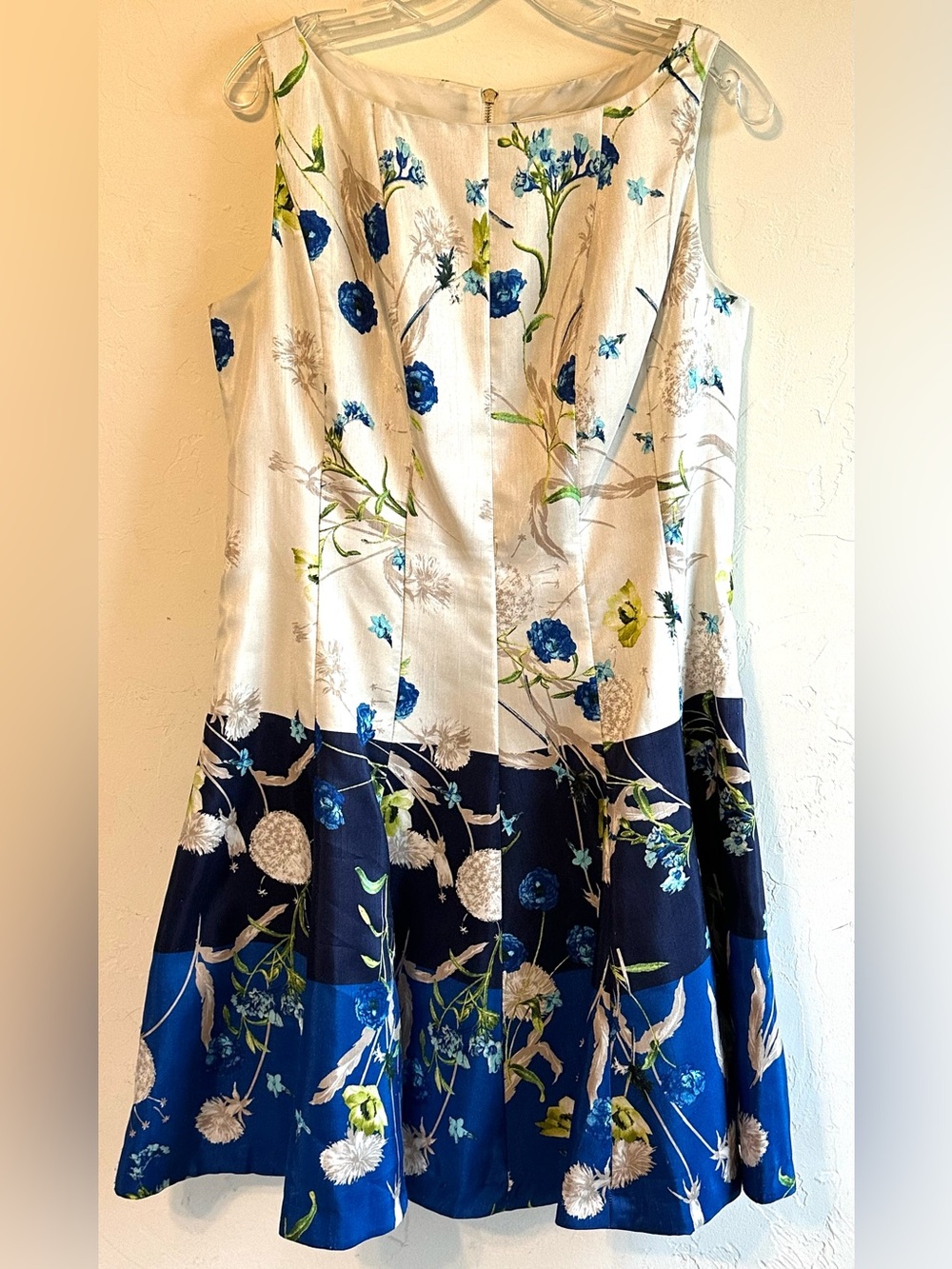 Cream/Blue Floral Fit & Flare A-Line Flattering Wedding Guest Midi Dress Sz 10